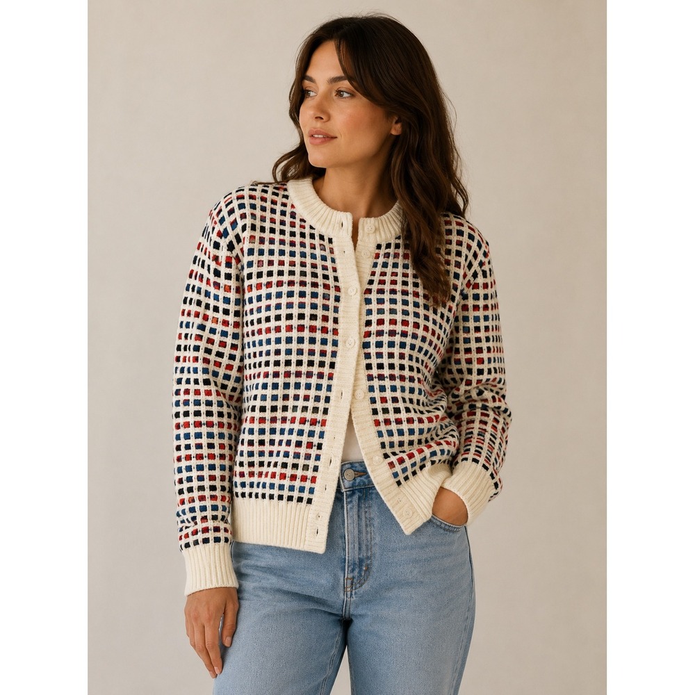 Vintage Jeanette Maternities Fran Kiernan Multicolor Grid Cardigan Sweater Small